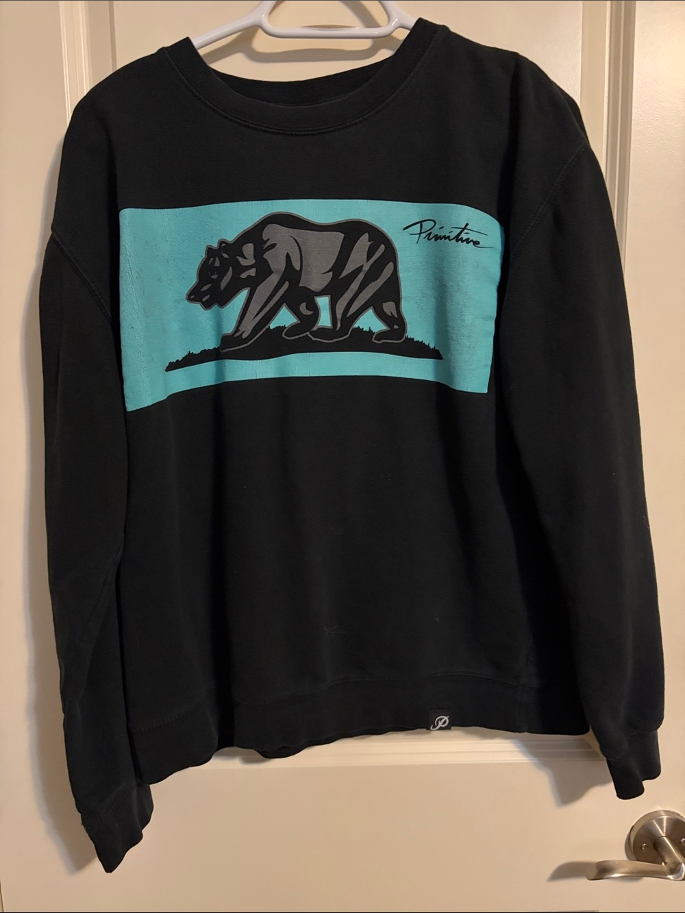 Primitive Black Crewneck Sweatshirt with Teal Bear Panel